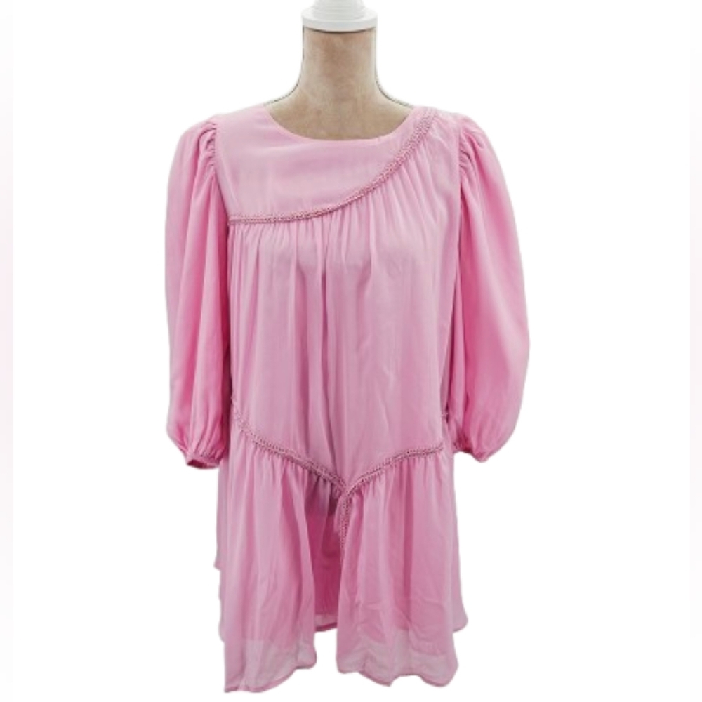 Pink Shimmer Babydoll Dress Puff Sleeve Boho Cottagecore Flowy Mini Size L NWT